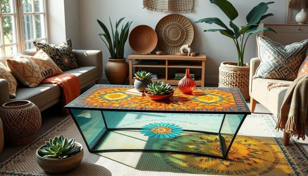 Colorful Boho Glass Coffee Table Design