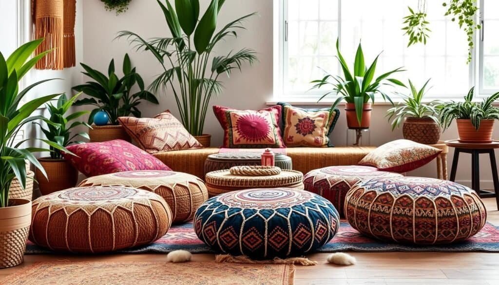 Moroccan floor seating poufs in bohemian decor