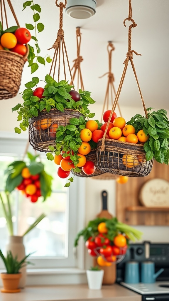 Hanging baskets filled with fresh fruits and herbs in a bright kitchen
