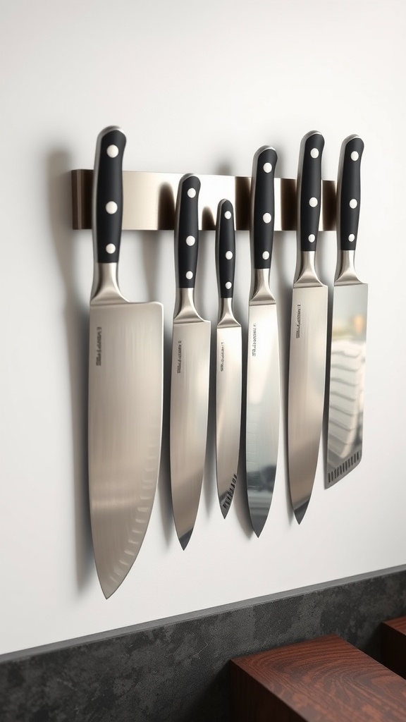 Magnetic knife strip mounted on a wall holding various kitchen knives.