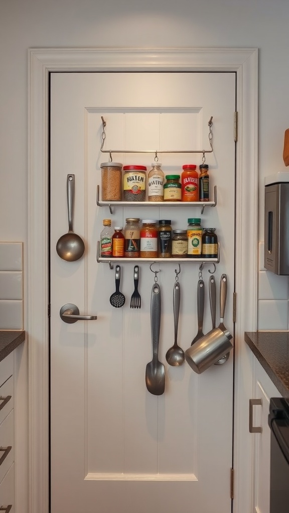 Over-the-door storage solution with spices and utensils arranged neatly on a door.
