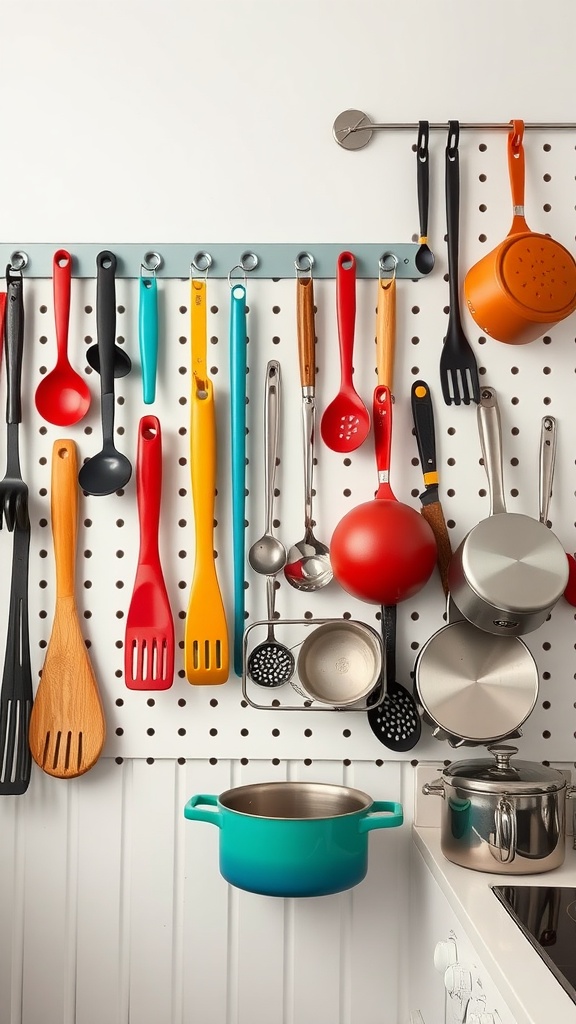 Colorful kitchen utensils organized on a pegboard