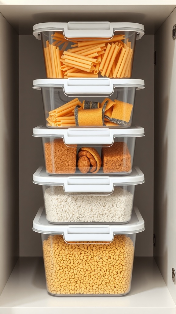 Stackable storage bins filled with dry goods in a cupboard.