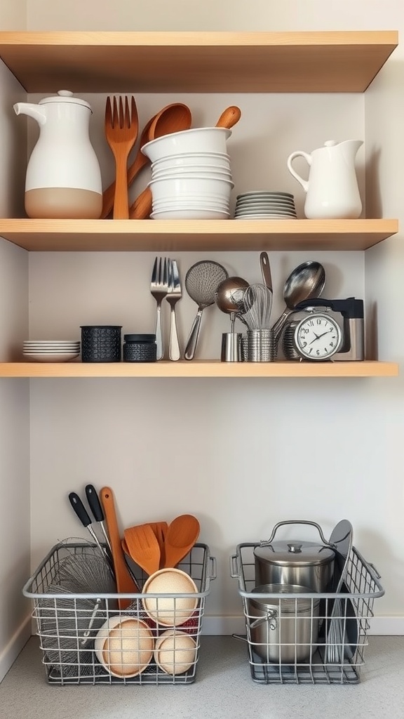 A kitchen with shelves holding dishes and utensils, featuring wire baskets for extra storage.