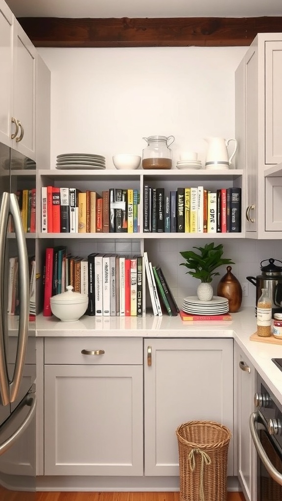 Corner shelves filled with books, dishware, and decorative items in a kitchen.