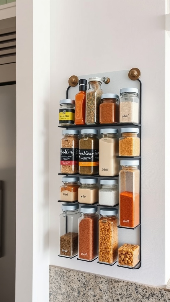 A wall-mounted spice rack with various jars and spices organized vertically.