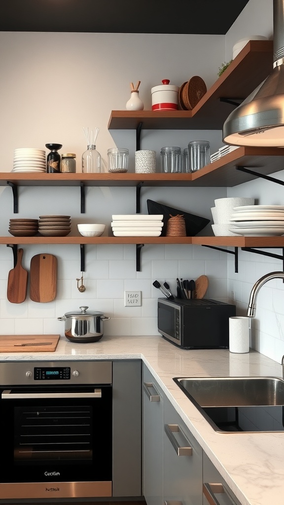 Stylish wall-mounted shelves displaying dishes and jars in a modern kitchen.
