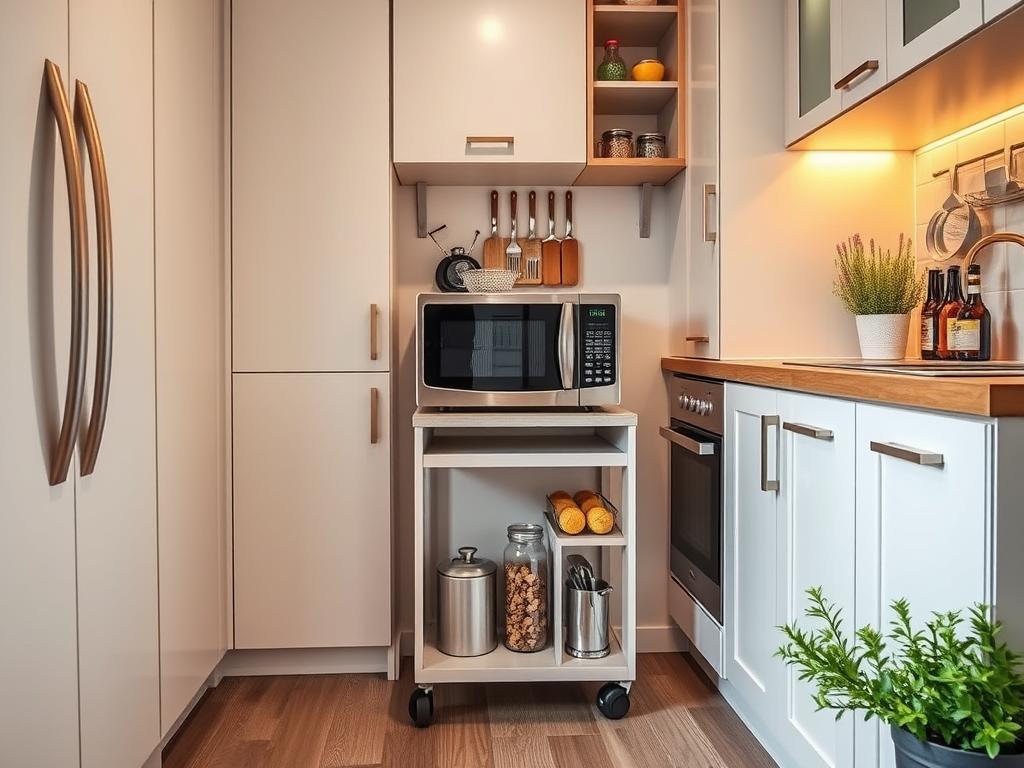 Rolling Microwave Cart in Compact Kitchen